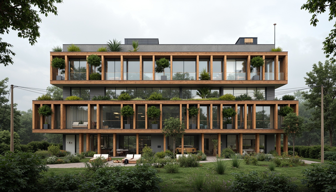 Prompt: Eco-friendly building, reclaimed wood facades, living green walls, solar panels, wind turbines, rainwater harvesting systems, recycled glass windows, low-carbon concrete structures, bamboo flooring, sustainable steel frames, natural ventilation systems, energy-efficient LED lighting, organic paint finishes, repurposed shipping container architecture, urban garden roofs, vertical farming installations, misty atmospheric effects, soft diffused natural light, shallow depth of field, 1/1 composition, realistic textures, ambient occlusion.