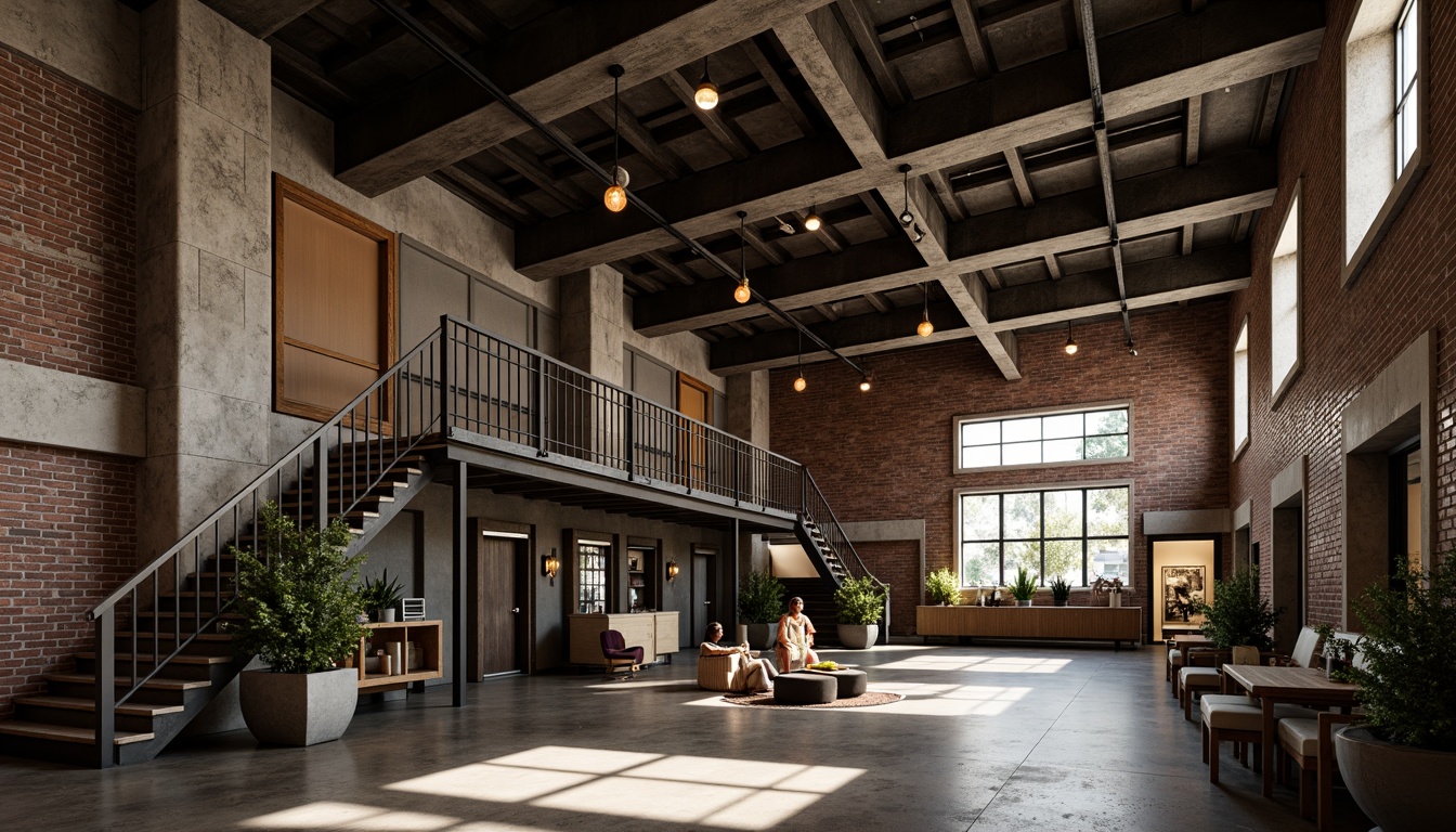 Prompt: Rustic industrial building, exposed ductwork, metal beams, reclaimed wood accents, urban loft atmosphere, concrete floors, Edison bulb lighting, distressed brick walls, modern minimalist decor, natural stone columns, steel staircase, cantilevered roofline, dramatic shadows, high-contrast lighting, cinematic composition, 2.35