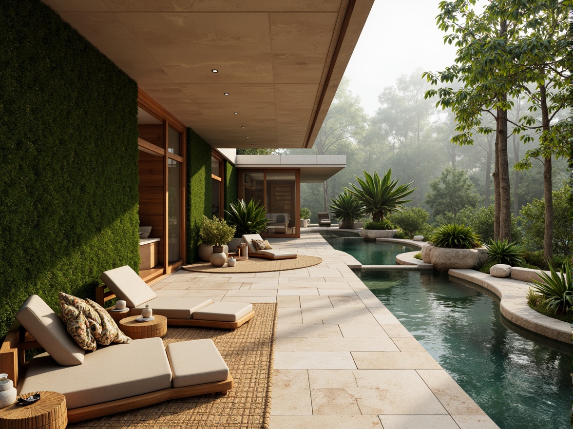 Prompt: Seamless outdoor-indoor transition, lush green walls, natural stone flooring, reclaimed wood accents, floor-to-ceiling windows, sliding glass doors, organic-shaped pools, waterfall features, tropical plant species, warm beige color palette, earthy textiles, natural fiber rugs, minimalist decor, eco-friendly materials, sustainable building practices, energy-efficient systems, rainwater harvesting, serene forest surroundings, misty morning atmosphere, soft warm lighting, shallow depth of field, 3/4 composition, panoramic view, realistic textures, ambient occlusion.