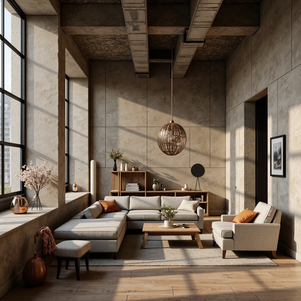 Prompt: Rustic textured walls, plastered concrete finish, earthy color palette, natural stone accents, modern industrial design, exposed ductwork, metal beams, sleek minimalistic decor, urban loft atmosphere, warm soft lighting, shallow depth of field, 3/4 composition, realistic textures, ambient occlusion.