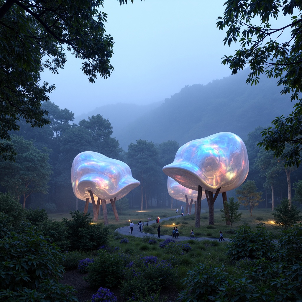 Prompt: Iridescent blob-shaped buildings, translucent membranes, gelatinous structures, soft luminescent lighting, ethereal atmosphere, dreamy foggy surroundings, mystical forest setting, whimsical tree-like supports, flexible tensile materials, iridescent color-shifting fa\u00e7ades, holographic projections, misty aura, shallow depth of field, 1/1 composition, abstract expressionist textures, ambient occlusion.