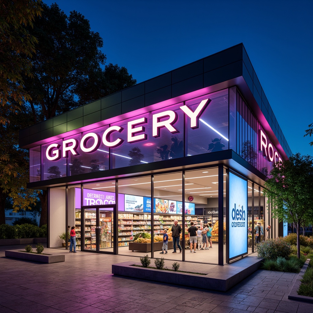 Prompt: Futuristic grocery store facade, neon-lit signage, gleaming metallic surfaces, angular lines, minimalist design, automated sliding doors, LED displays, digital advertisements, sleek glass windows, cantilevered rooflines, vibrant color schemes, geometric patterns, eco-friendly materials, sustainable energy solutions, solar panels, wind turbines, water conservation systems, green roofs, innovative cooling technologies, shaded outdoor spaces, misting systems, futuristic typography, holographic projections, ambient occlusion, shallow depth of field, 3/4 composition, panoramic view.