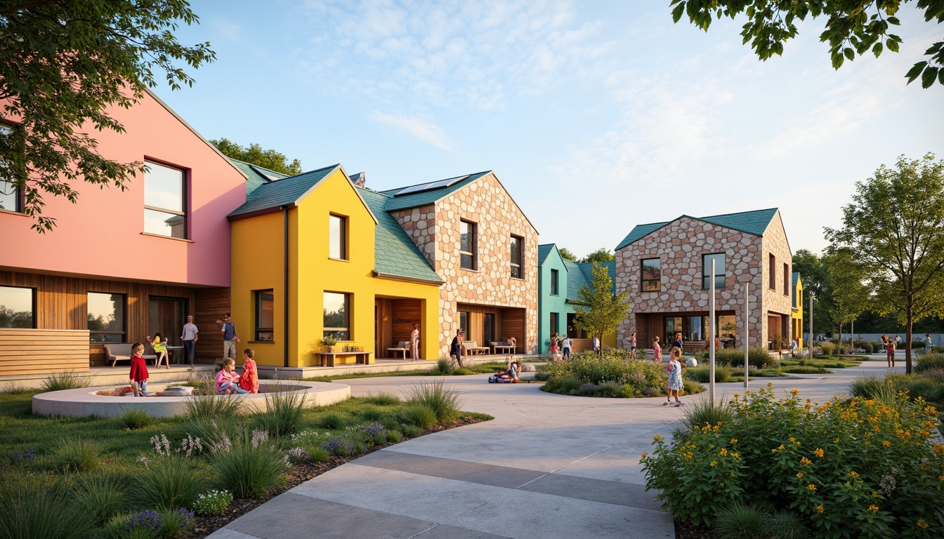 Prompt: Vibrant kindergarten facade, playful color scheme, irregular shapes, whimsical patterns, natural stone walls, wooden accents, circular windows, sloping roofs, green roofs, solar panels, wind chimes, outdoor play areas, climbing structures, sensory gardens, educational signage, interactive exhibits, soft warm lighting, shallow depth of field, 3/4 composition, panoramic view, realistic textures, ambient occlusion.