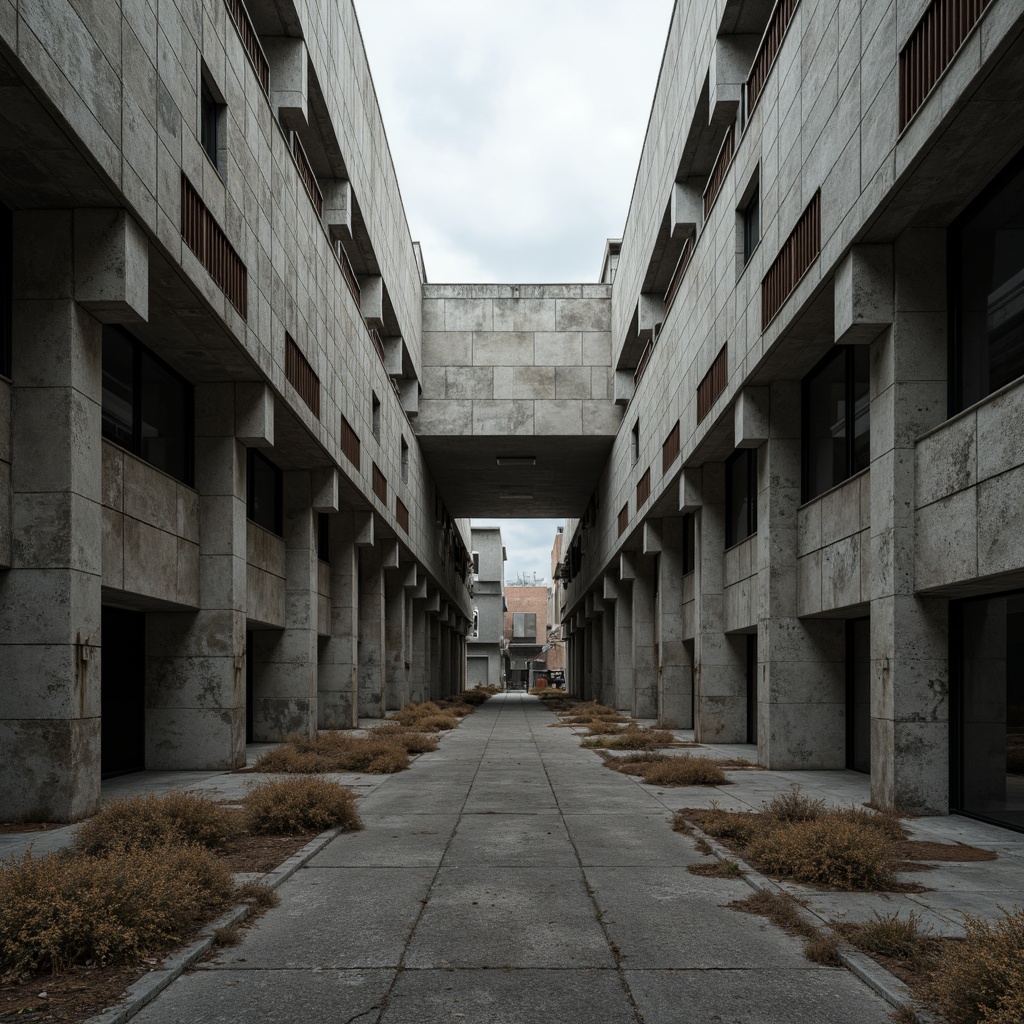 Prompt: Rough-hewn concrete walls, weathered stone facades, brutalist monumentality, industrial-scale steel beams, exposed ductwork, poured-in-place concrete, rugged aggregate textures, monolithic forms, fortress-like structures, urban decay, overcast skies, dramatic shadows, high-contrast lighting, cinematic compositions, abstracted forms, distressed finishes, raw materiality, monumental scales, atmospheric perspectives.