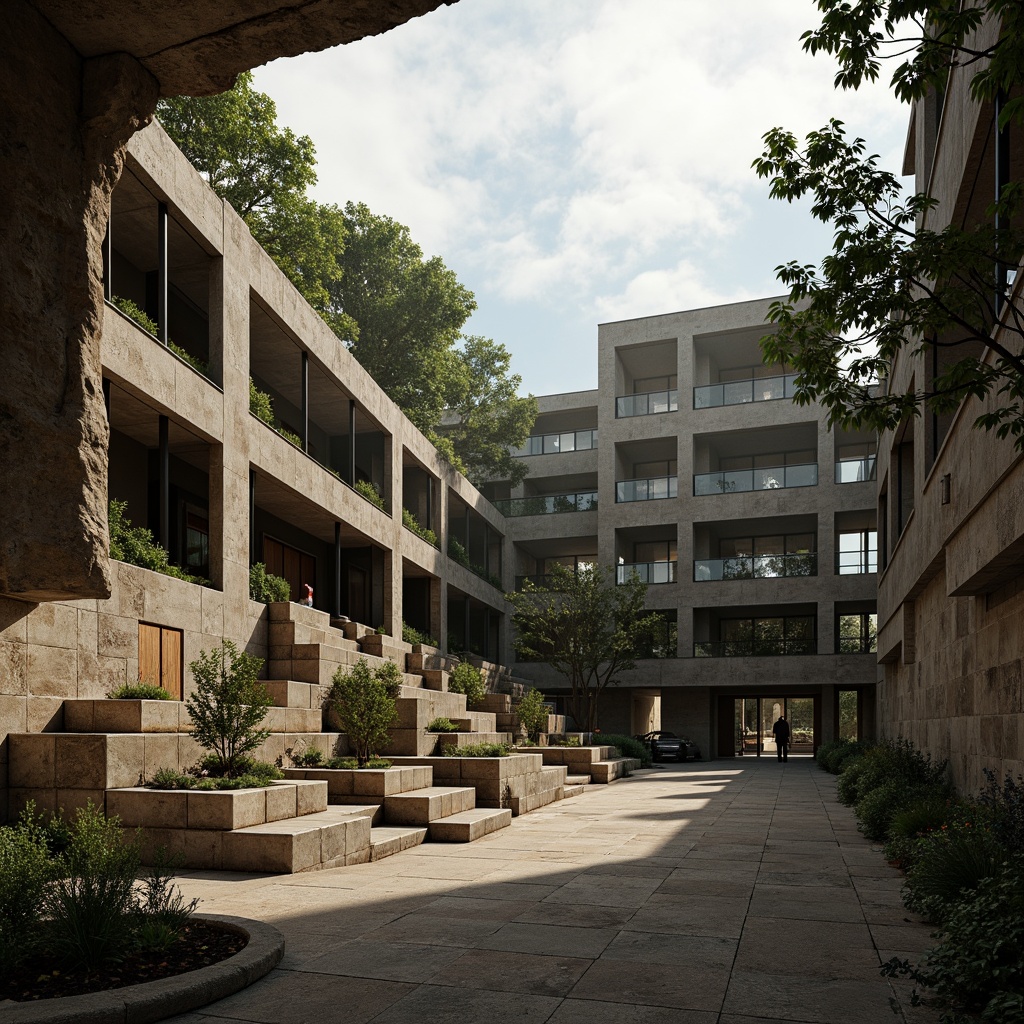 Prompt: Rugged stone amphitheater, brutalist architecture, natural light pouring in, dramatic shadows, raw concrete textures, exposed ductwork, industrial metal beams, cantilevered seating areas, steep staircases, open-air performance space, lush greenery surroundings, overcast sky, warm sunlight filtering through, high contrast lighting, 1/1 composition, cinematic mood, realistic materials, ambient occlusion.