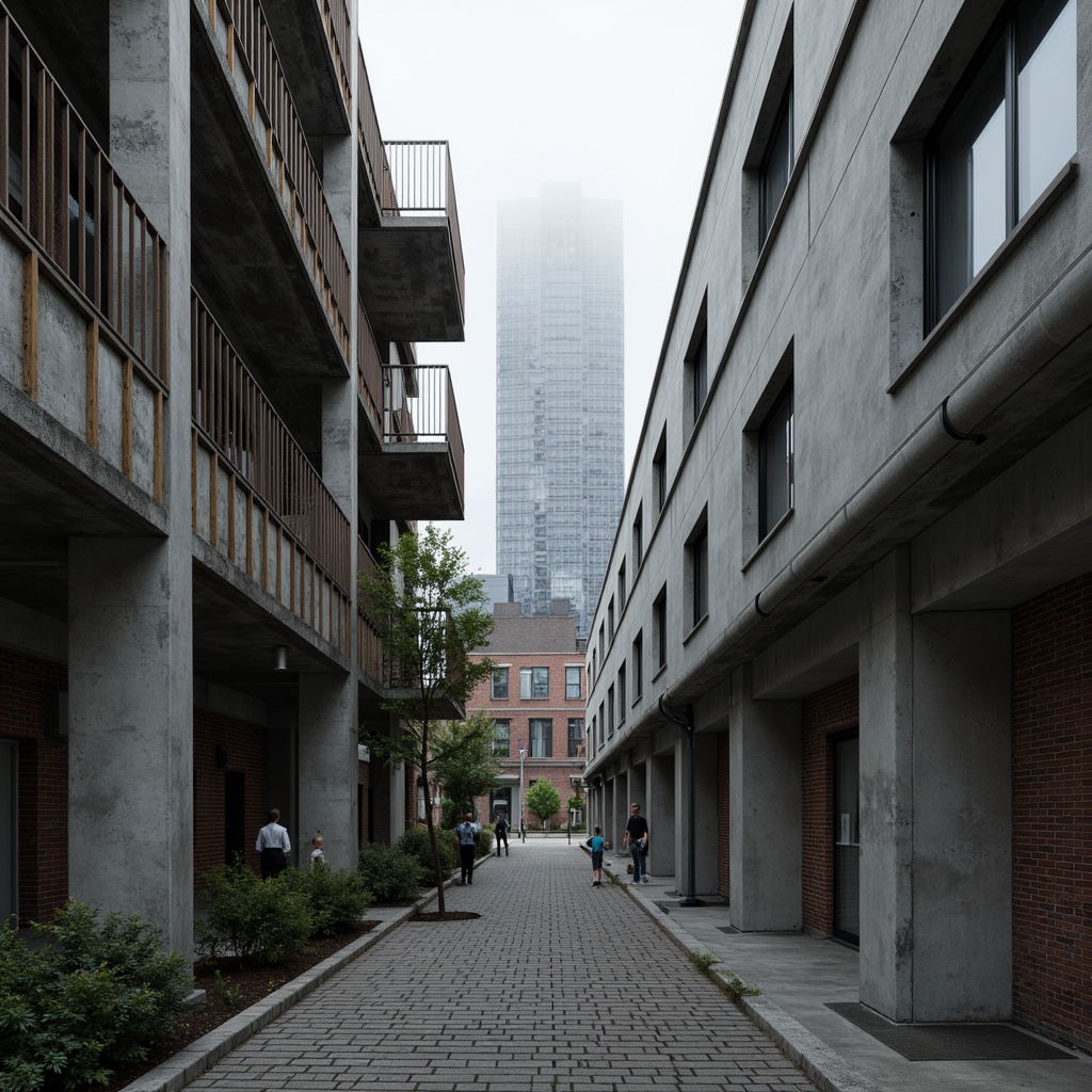 Prompt: Rugged concrete structures, exposed steel beams, industrial metal pipes, reclaimed wood accents, raw brick textures, distressed finishes, minimalist ornamentation, brutalist forms, monochromatic color schemes, urban cityscape backdrop, overcast skies, dramatic shadows, low-key lighting, cinematic composition, realistic renderings, atmospheric fog effects.