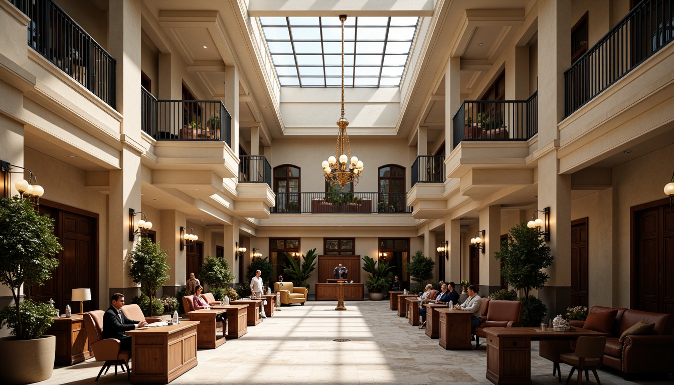 Prompt: Grand courthouse atrium, high ceilings, natural light pouring, elegant chandeliers, marble floors, ornate wooden accents, stately columns, formal furnishings, sophisticated color schemes, functional workspaces, efficient floor plans, secure access control systems, comfortable waiting areas, advanced audiovisual equipment, impressive witness stands, dignified judges' benches, modernized historic architectural details, subtle ambient lighting, 1/2 composition, realistic textures.