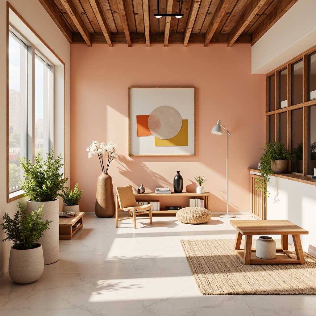 Prompt: Vibrant design studio, modern minimalist interior, pastel color scheme, soft peach tones, creamy whites, rich wood accents, natural textiles, geometric patterns, bold typography, warm atmospheric lighting, shallow depth of field, 1/1 composition, realistic textures, ambient occlusion.