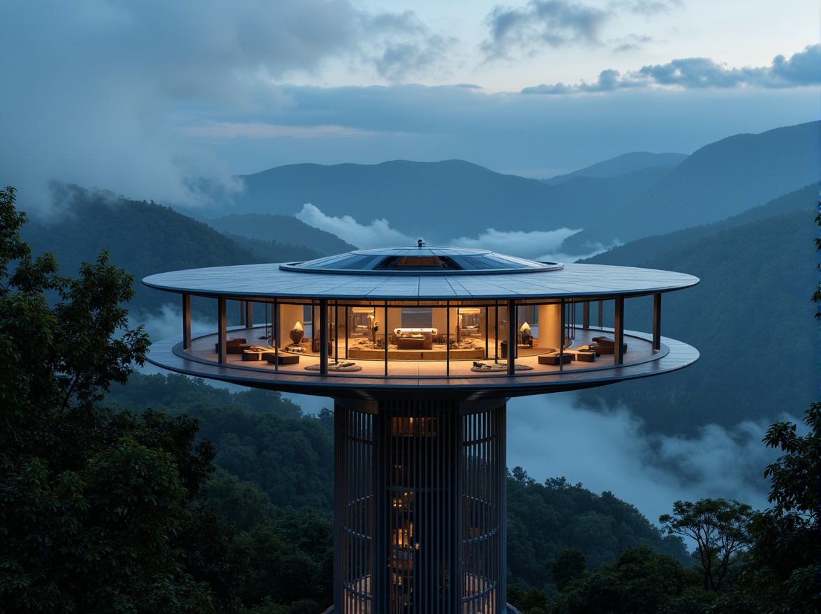 Prompt: Elegant watching tower, sleek modern design, futuristic curves, metallic latticework, glowing LED lights, panoramic views, 360-degree observatory, minimalist interior, polished stone floors, floor-to-ceiling windows, cantilevered roof, aerodynamic silhouette, dramatic nighttime lighting, misty mountain surroundings, lush forest backdrop, atmospheric fog effects, shallow depth of field, 1/1 composition, symmetrical framing, soft warm glow.