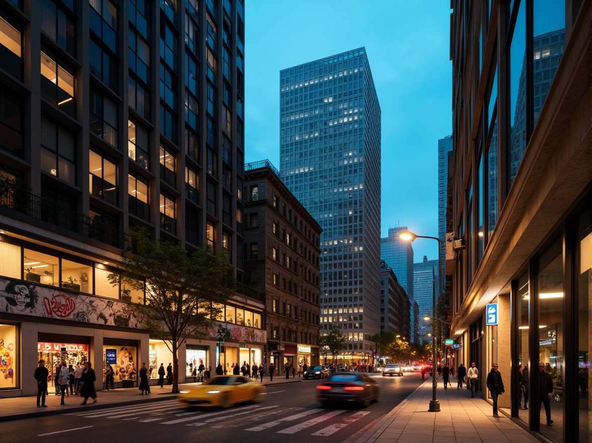 Prompt: Urban cityscape, modern skyscrapers, sleek glass facades, steel beams, concrete sidewalks, vibrant street art, eclectic graffiti, bustling streets, rush hour atmosphere, warm golden lighting, deep blue night skies, foggy morning mist, shallow depth of field, 1/2 composition, cinematic views, realistic textures, ambient occlusion.