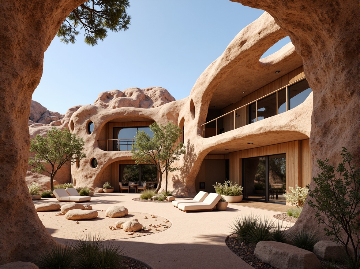 Prompt: Canyon-inspired buildings, rugged stone walls, earthy tones, natural rock formations, wooden accents, organic shapes, large windows, skylights, clerestory windows, open floor plans, airy spaces, warm sunny days, soft gentle lighting, ambient occlusion, realistic textures, 3/4 composition, panoramic views, desert landscapes, cacti plants, sandy dunes, blue skies, misty mornings, dramatic shadows.