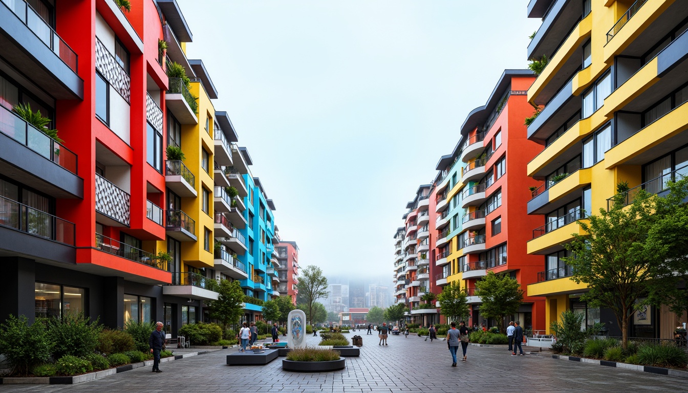 Prompt: Vibrant residential complex, undulating balconies, cantilevered roofs, bold color schemes, geometric patterned facades, abstract sculptures, futuristic street furniture, urban landscape, morning fog, soft diffused lighting, shallow depth of field, 1/2 composition, symmetrical framing, high-contrast textures, atmospheric perspective.Please let me know if this meets your requirements!