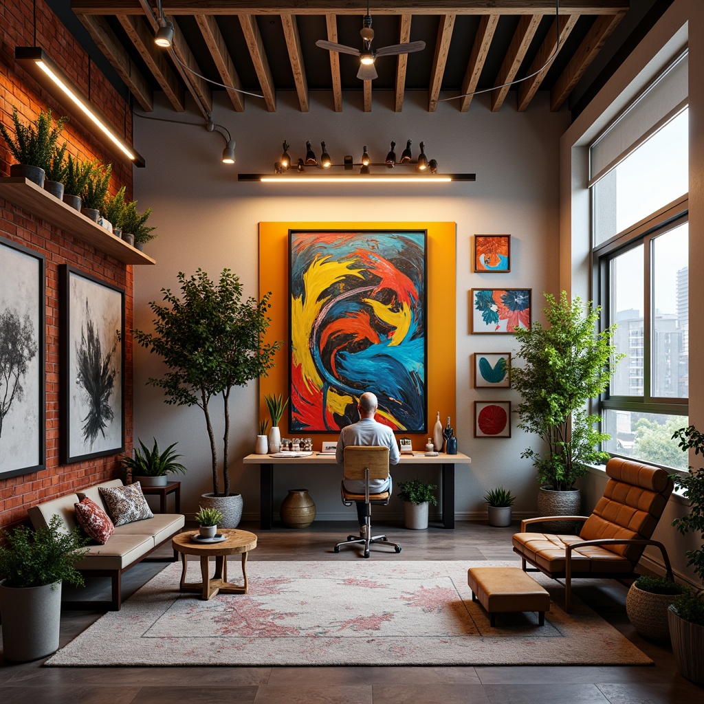 Prompt: Vibrant art studio, eclectic artist's space, bold brushstrokes, expressive color swatches, diverse material textures, abstract artwork, contemporary interior design, modern furniture pieces, sleek metal accents, warm LED lighting, 3/4 composition, shallow depth of field, realistic renderings, ambient occlusion.