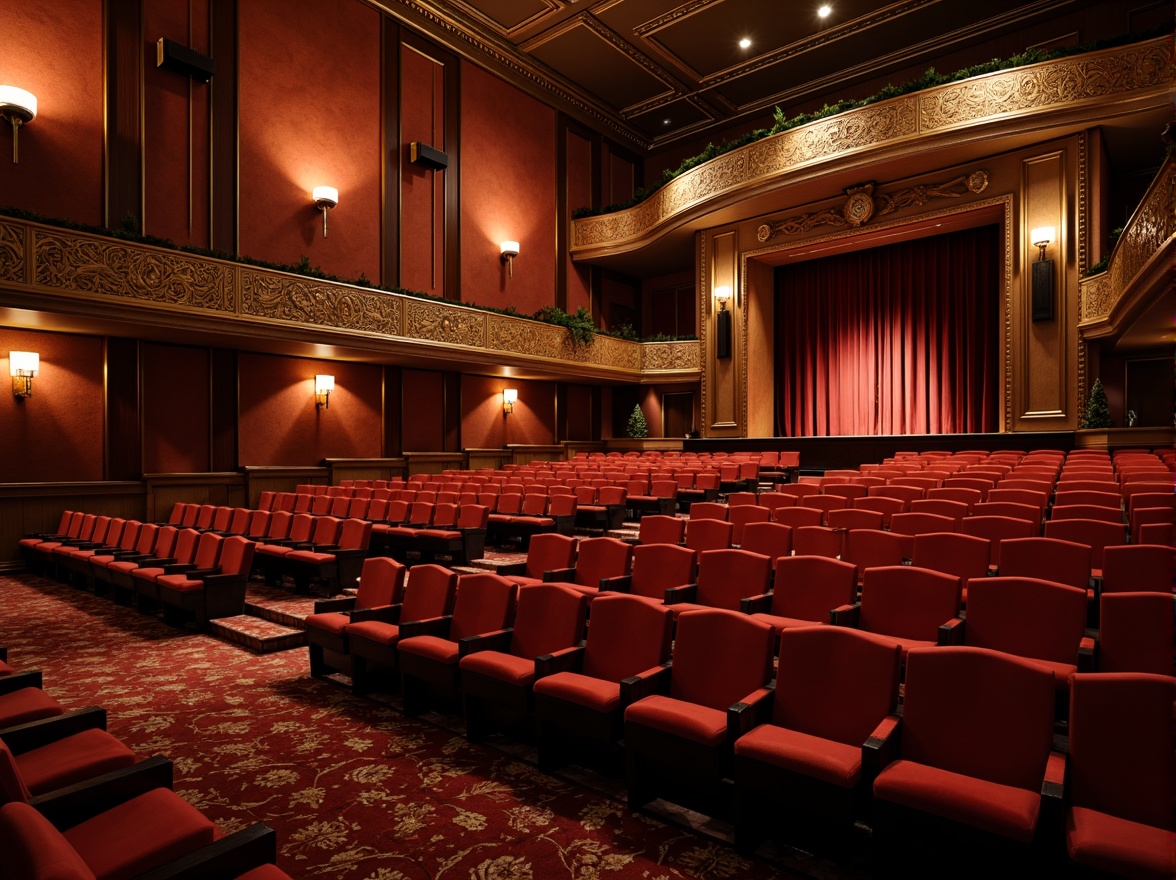 Prompt: Elegant theater interior, rich wood tones, plush velvet seats, ornate golden details, subtle LED lighting, acoustic panels, sound-absorbing materials, tiered seating, intimate performance space, grand stage, dramatic curtains, warm ambiance, soft gentle illumination, shallow depth of field, 2/3 composition, realistic textures, ambient occlusion.