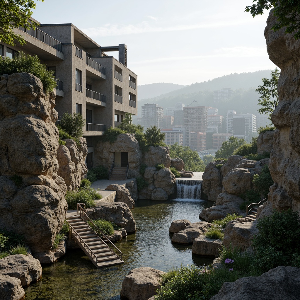 Prompt: Rugged amphitheater architecture, brutalist concrete structures, weathered stone walls, lush greenery integration, cascading water features, natural rock formations, reclaimed wood accents, industrial metal railings, panoramic city views, urban landscape fusion, dramatic shadows, high-contrast lighting, cinematic composition, 1/2 framing, atmospheric mist, ambient occlusion.