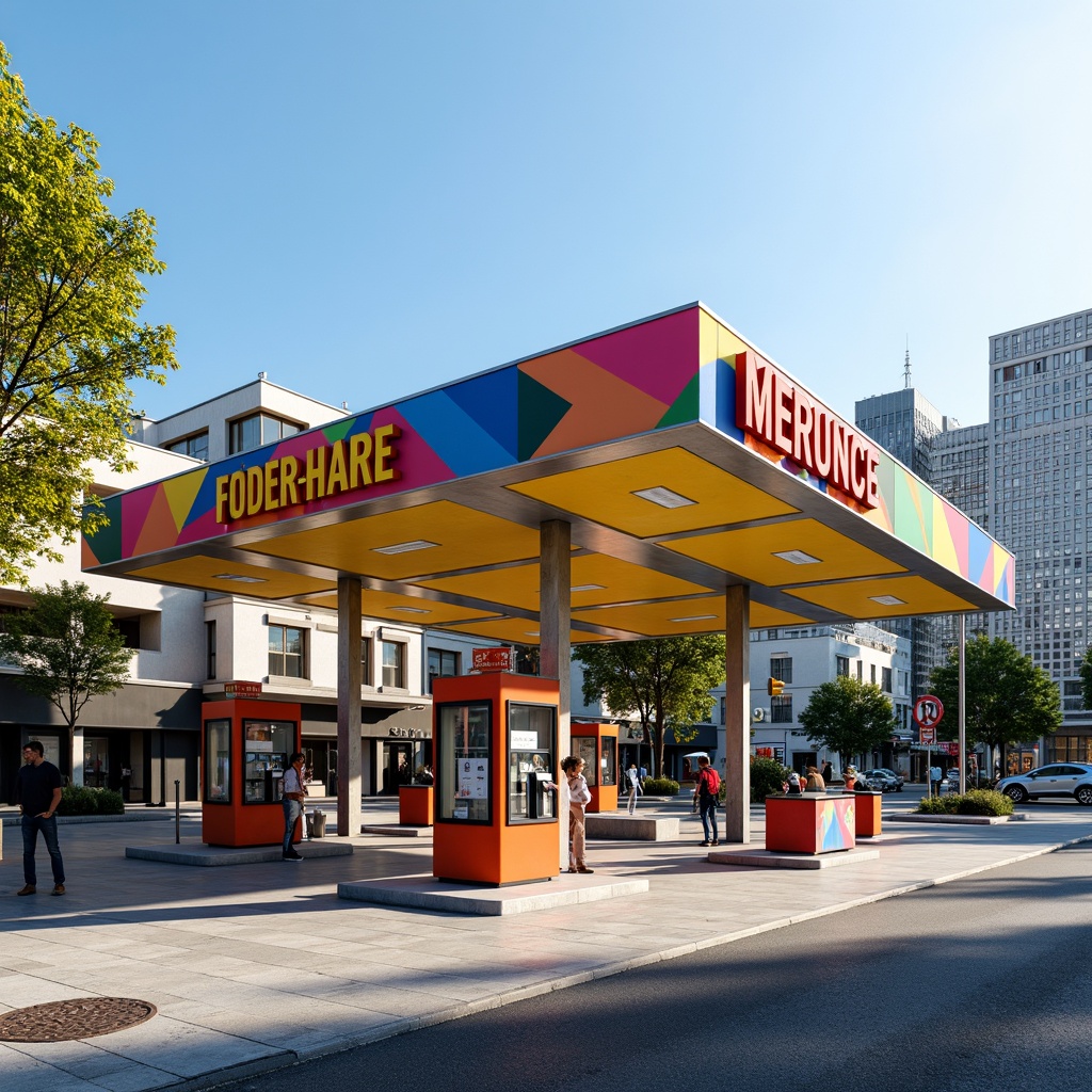 Prompt: Vibrant gas station, primary colors, bold typography, geometric shapes, industrial materials, metallic accents, clean lines, minimalist design, functional architecture, urban landscape, busy streets, modern cityscape, sunny day, high contrast lighting, shallow depth of field, 1/1 composition, realistic textures, ambient occlusion.