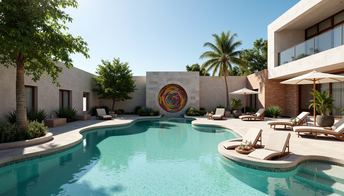 Prompt: Turquoise water, fragmented stone walls, irregular pool shapes, bold concrete decks, vibrant mosaic tiles, abstract art installations, futuristic lounge chairs, geometric umbrella canopies, palm tree silhouettes, sunny afternoon lighting, high contrast shadows, 1/2 composition, wide-angle lens, realistic water reflections, ambient occlusion.