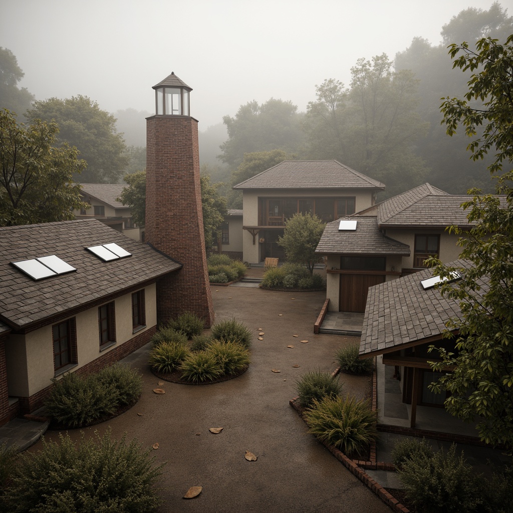 Prompt: Traditional vernacular architecture, natural ventilation strategies, operable windows, clerestory openings, ventilated roofs, windcatchers, tower-like structures, earthy materials, rustic textures, warm color palette, soft diffused lighting, misty atmosphere, shallow depth of field, 1/1 composition, realistic renderings, ambient occlusion.