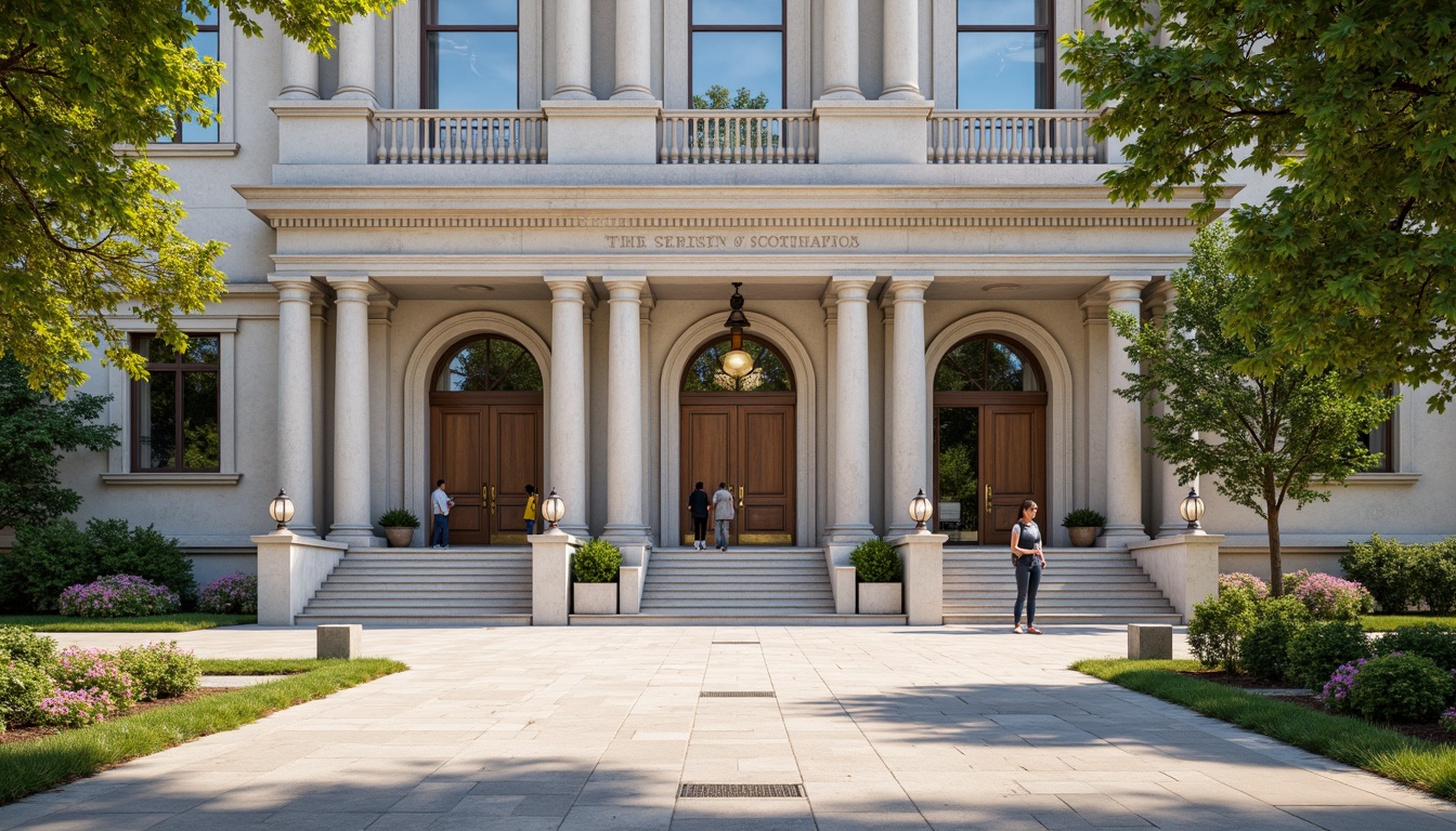 Prompt: Grand courthouse entrance, Doric columns, ornate stone carvings, symmetrical facade, imposing staircases, bronze doorways, intricate moldings, classical pediments, majestic arches, formal landscaping, manicured lawns, walking paths, mature trees, sunny afternoon, soft natural light, shallow depth of field, 1/1 composition, realistic textures, ambient occlusion.