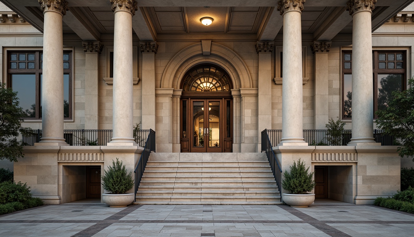 Prompt: Grand courthouse entrance, imposing stone columns, ornate Corinthian capitals, symmetrical facade, sweeping staircase, polished granite flooring, intricate moldings, majestic bronze doors, ornamental metalwork, classic archways, dramatic portico, solemn atmosphere, warm afternoon lighting, shallow depth of field, 1/2 composition, realistic textures, ambient occlusion.