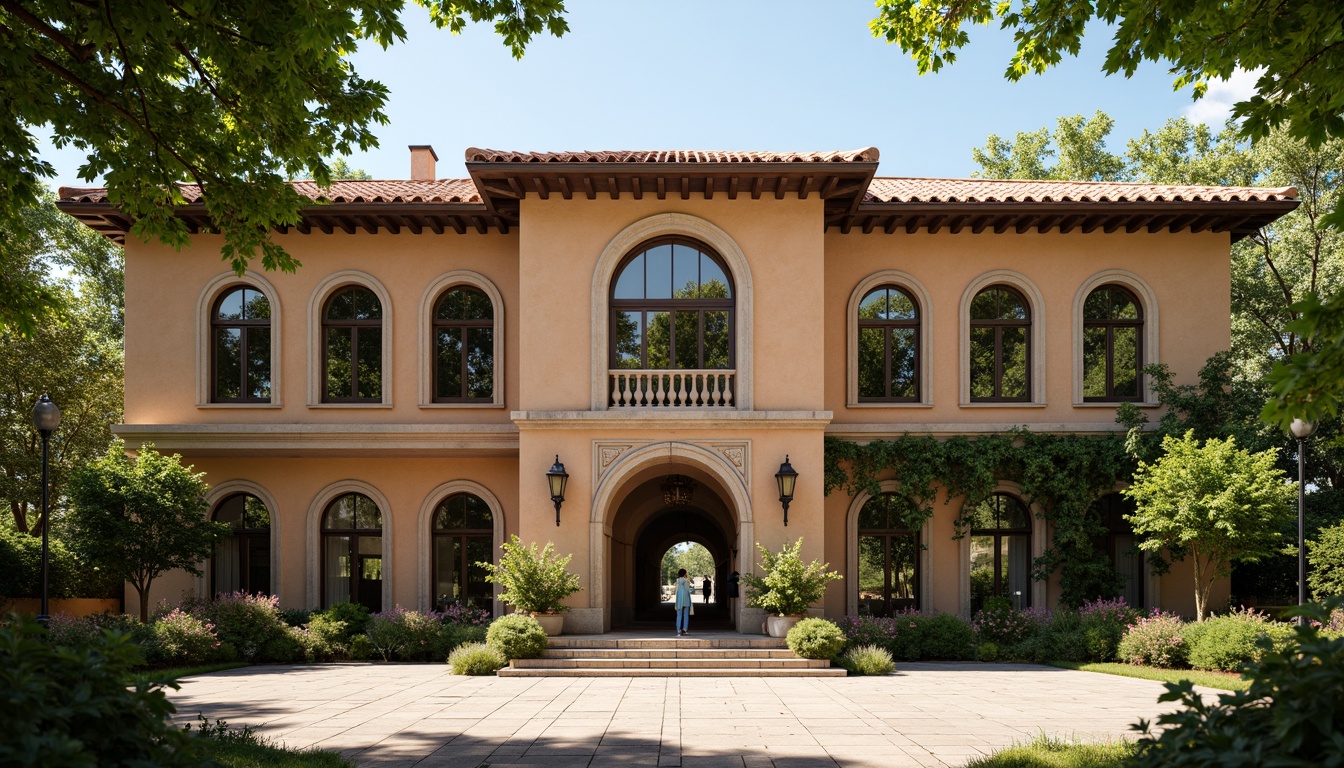 Prompt: Rustic school building, Romanesque style facade, arched windows, rounded doorways, ornate stone carvings, intricate moldings, earthy tone walls, terracotta roof tiles, lush greenery, climbing vines, ancient trees, sunny afternoon, warm soft lighting, shallow depth of field, 1/2 composition, symmetrical framing, realistic textures, ambient occlusion.