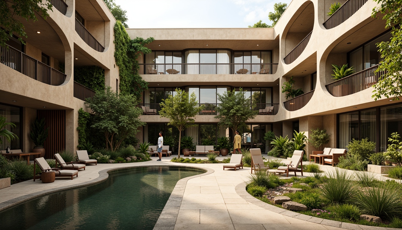 Prompt: Earth-toned apartment complex, organic curved lines, natural stone fa\u00e7ade, lush green walls, cantilevered balconies, wooden accents, reclaimed wood flooring, living walls, vertical gardens, floor-to-ceiling windows, soft diffused lighting, 1/1 composition, intimate scale, cozy atmosphere, minimalist decor, nature-inspired textiles, botanical patterns, warm beige color palette, organic shapes, free-flowing interior spaces, seamless transitions, natural ventilation systems.