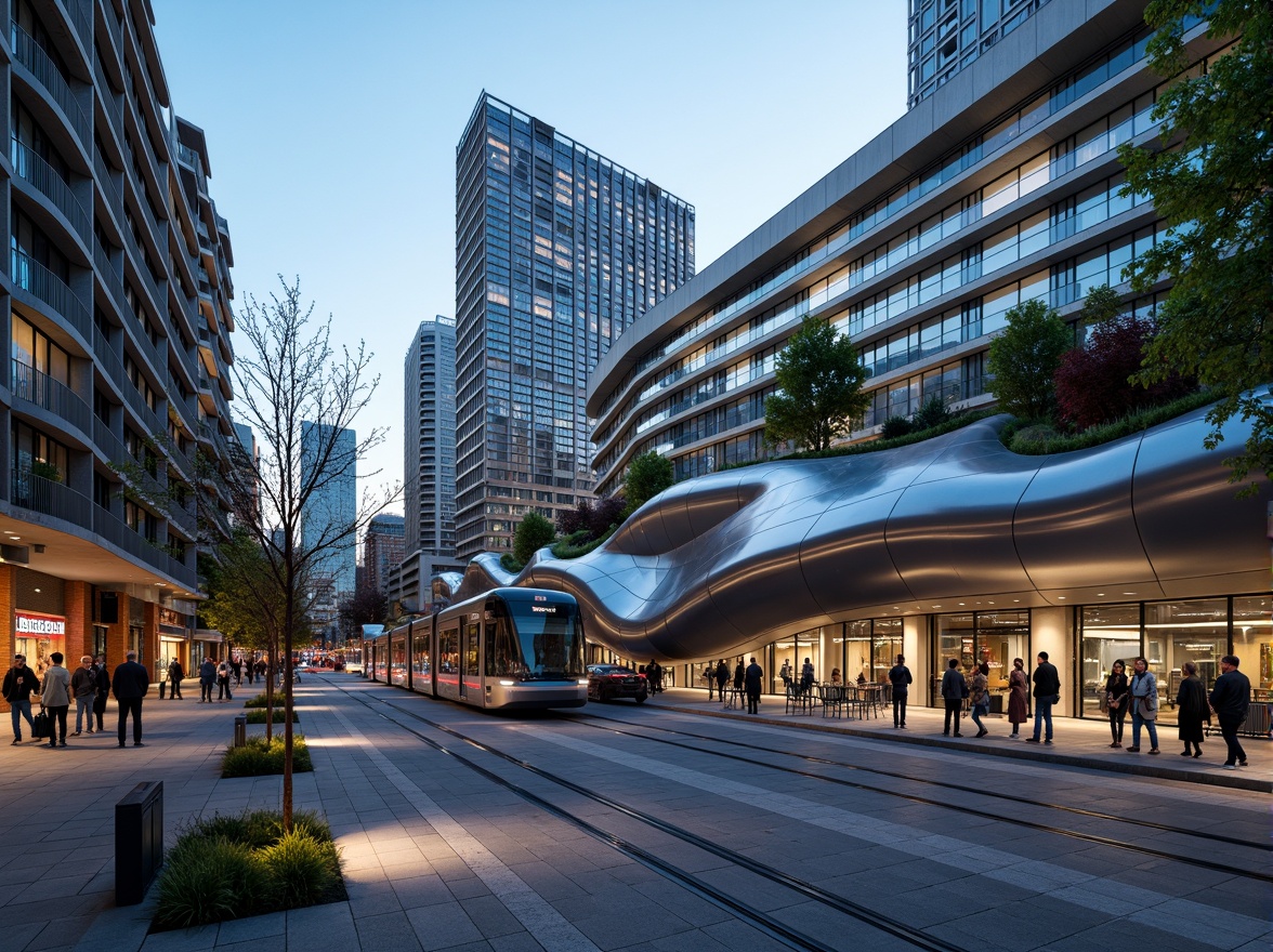 Prompt: Curved tram station, futuristic blob-like design, urban integration, sleek metal fa\u00e7ade, LED light installations, vibrant cityscape, bustling streets, pedestrian-friendly infrastructure, green roofs, sustainable transportation hub, modern amenities, comfortable waiting areas, natural stone flooring, glass canopies, cantilevered rooflines, dynamic architecture, urban revitalization, revitalized public spaces, evening ambient lighting, shallow depth of field, 1/1 composition, realistic textures.