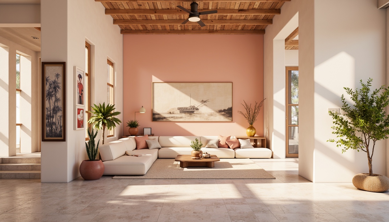 Prompt: Vibrant modern interior, sleek lines, minimalist decor, pastel hues, soft peach tones, creamy whites, rich charcoal accents, metallic gold details, ambient warm lighting, shallow depth of field, 1/1 composition, realistic textures, subtle shadows.