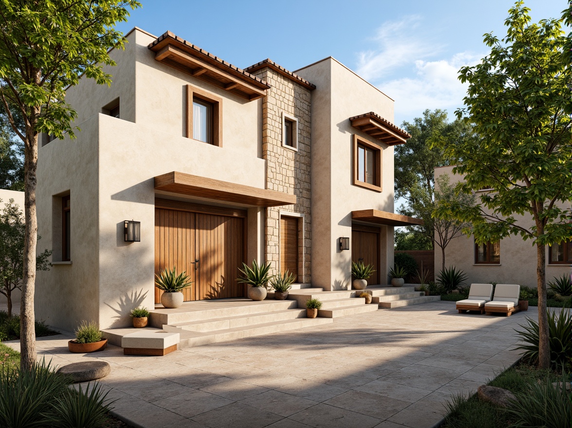 Prompt: Rustic modern villa, plastered concrete exterior, earthy tones, natural textures, Mediterranean style, warm beige walls, wooden accents, ornate doorways, arched windows, clay roof tiles, lush greenery, blooming flowers, sunny day, soft warm lighting, shallow depth of field, 3/4 composition, panoramic view, realistic textures, ambient occlusion.