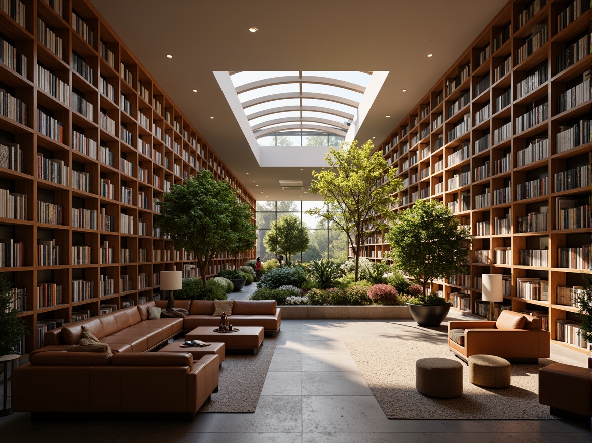 Prompt: Cozy reading nook, warm natural lighting, floor-to-ceiling windows, wooden shelves, leather-bound books, comfortable seating areas, quiet atmosphere, soft warm glow, indirect sunlight, clerestory windows, open atrium, minimalist decor, neutral color palette, subtle textures, soft shadows, 1/1 composition, realistic rendering, ambient occlusion.