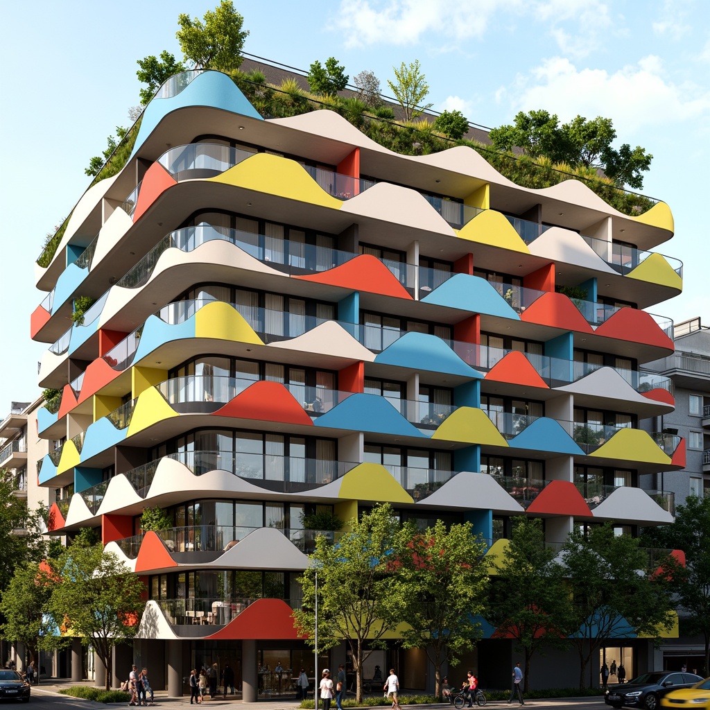 Prompt: Vibrant residential facade, bold color blocking, irregular geometries, dynamic balconies, cantilevered structures, green roofs, living walls, experimental materials, futuristic aesthetics, avant-garde design, urban context, bustling cityscape, morning sunlight, soft shadows, 1/1 composition, symmetrical framing, realistic rendering, ambient occlusion.