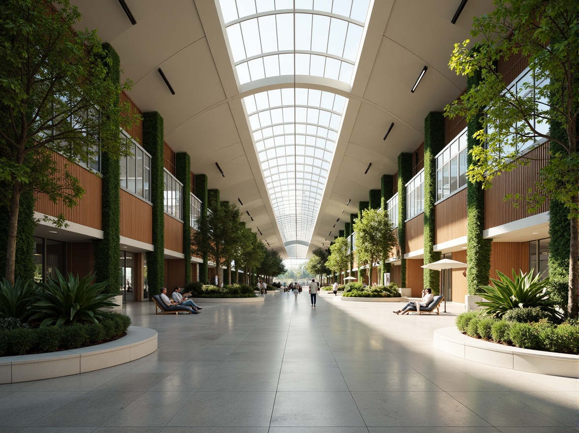 Prompt: Large airport terminal, spacious atrium, natural light pouring in, airy atmosphere, green walls, living trees, wooden accents, sleek modern architecture, curved lines, open ceilings, clerestory windows, solar tubes, wind catchers, ventilation towers, large overhangs, shading devices, cantilevered roofs, double-glazed facades, internal courtyards, water features, misting systems, tropical plants, warm natural materials, soft diffused lighting, 1/2 composition, symmetrical view, realistic reflections.