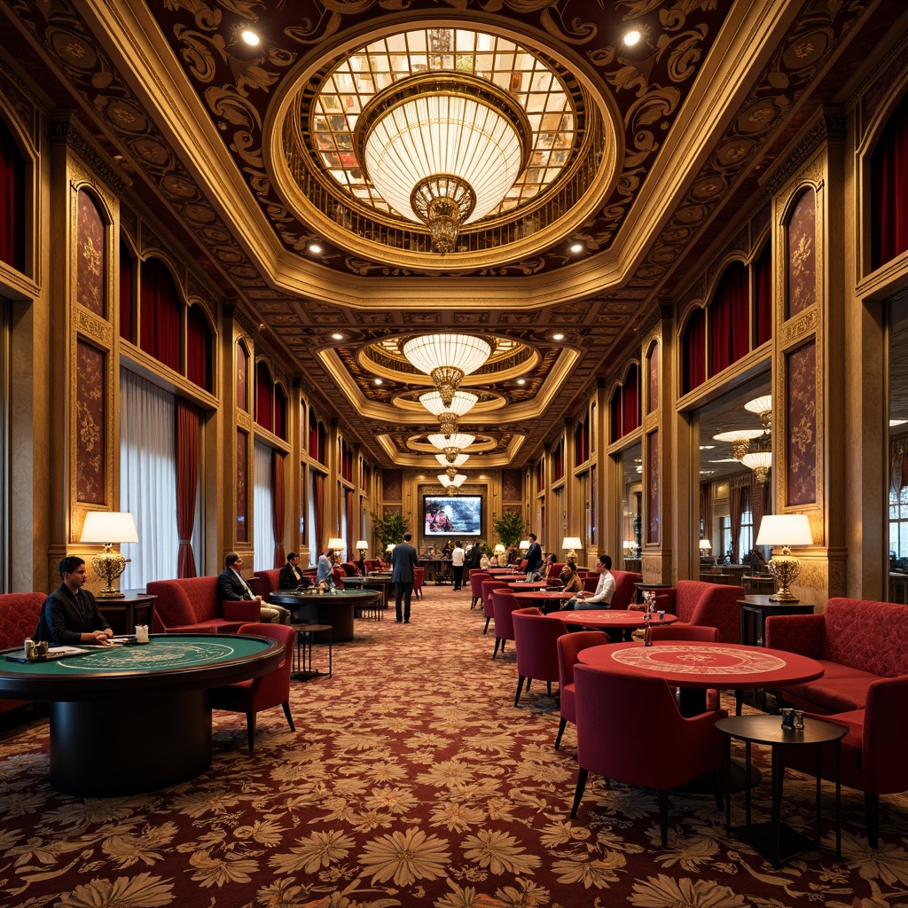 Prompt: Luxurious casino interior, ornate Art Nouveau details, curved lines, flowing patterns, golden accents, rich velvet fabrics, intricate moldings, grand chandeliers, stained glass ceilings, marble floors, lavish furnishings, plush carpets, opulent textiles, dramatic lighting, warm color palette, cozy seating areas, intimate spaces, 3/4 composition, shallow depth of field, soft focus, vibrant colors.