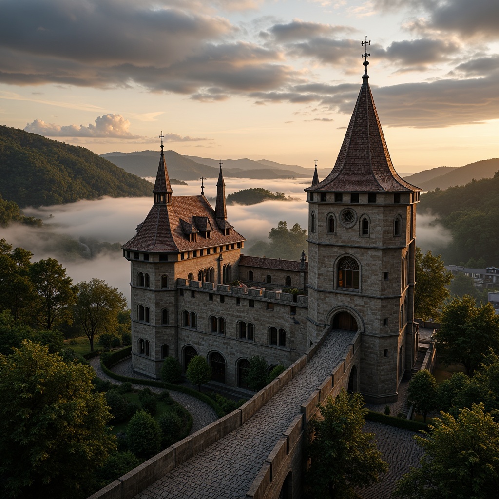 Prompt: Quaint medieval towers, rugged stone walls, mystical misty atmosphere, dreamy twilight hour, soft golden lighting, dramatic cloudy sky, rolling hills, lush green forests, winding cobblestone paths, ornate Gothic windows, intricate stone carvings, majestic castle architecture, grandeur scenic views, 1/2 composition, warm color palette, atmospheric perspective, cinematic depth of field.