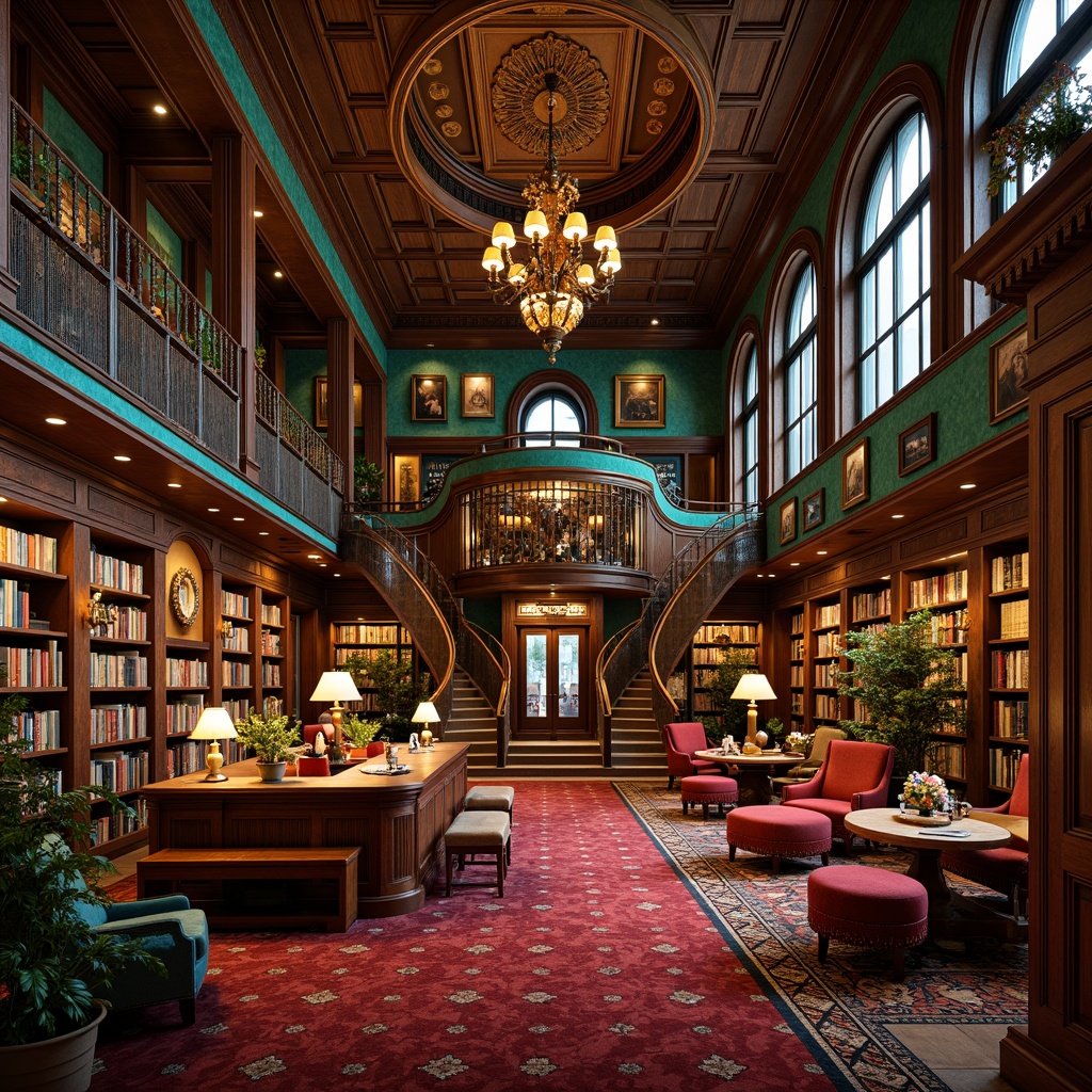 Prompt: Richly ornamented library, expressionist architecture, bold turquoise accents, warm golden lighting, intricate wooden carvings, ornate metal fixtures, plush crimson furnishings, towering bookshelves, grand reading rooms, sweeping archways, dramatic staircases, lavish chandeliers, rich walnut paneling, soft warm glow, shallow depth of field, 1/1 composition, cinematic view, highly detailed textures, ambient occlusion.