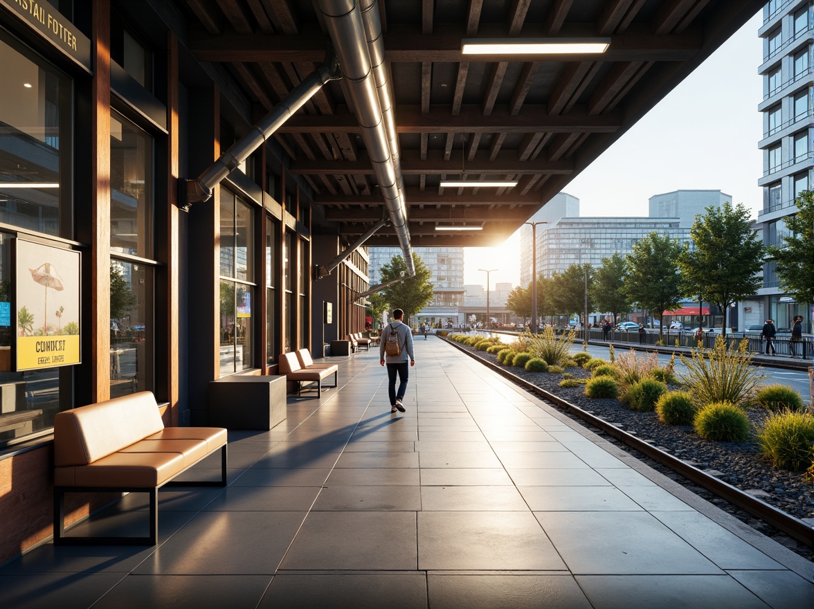 Prompt: Modernist train station, sleek metal fa\u00e7ade, large glass windows, industrial chic interior, exposed ductwork, polished concrete floors, minimalist signage, functional benches, urban landscaping, vibrant street art, bustling cityscape, sunny day, soft warm lighting, shallow depth of field, 3/4 composition, panoramic view, realistic textures, ambient occlusion.