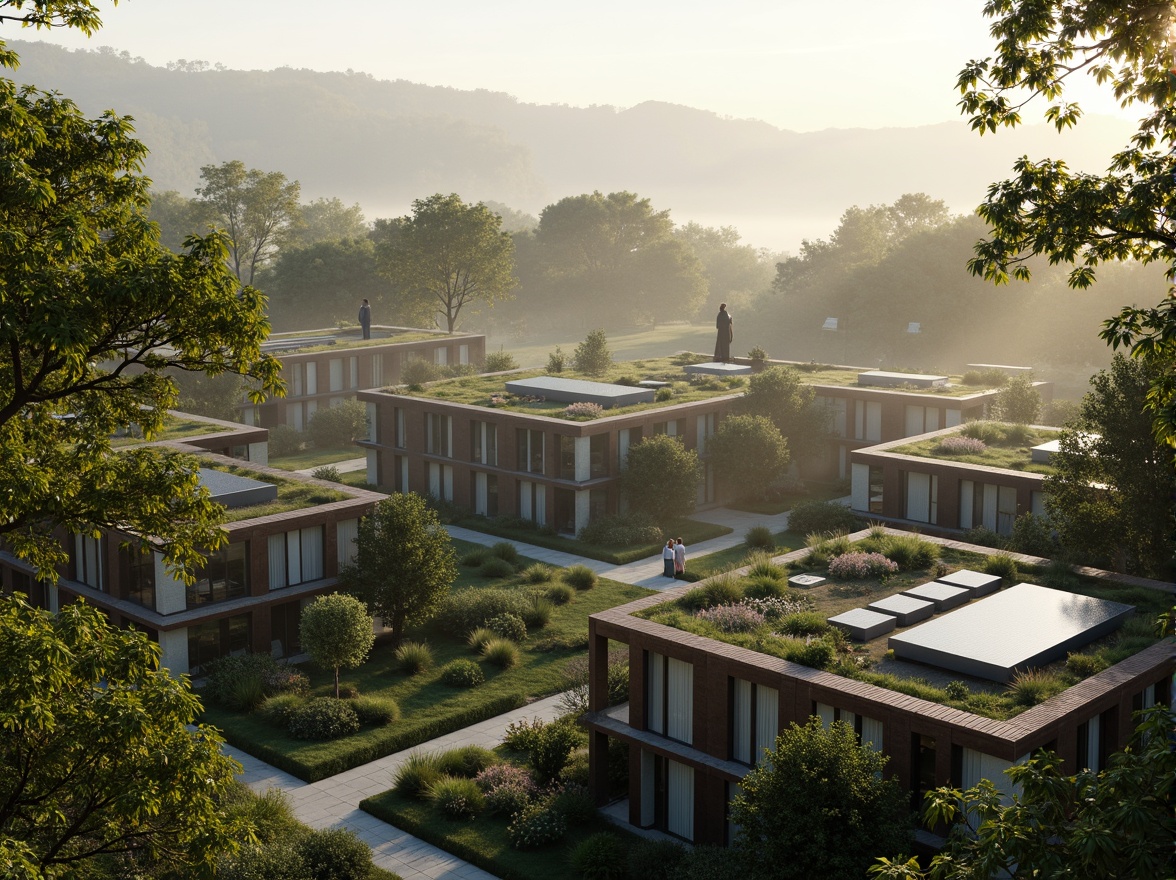 Prompt: Eco-friendly buildings, green roofs, solar panels, rainwater harvesting systems, natural ventilation, recycled materials, energy-efficient windows, minimal waste design, organic gardens, living walls, urban forestry, misty morning light, soft shadows, warm earth tones, 1/1 composition, realistic textures, ambient occlusion, serene atmosphere.