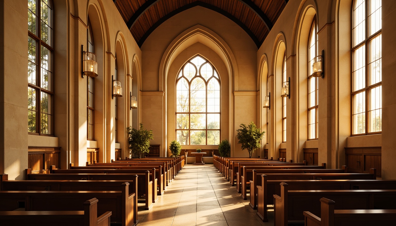 Prompt: Elegant chapel interior, grand stained glass windows, warm golden light, serene atmosphere, minimalist decor, polished wooden pews, cream-colored stone walls, vaulted ceilings, ornate chandeliers, subtle shadows, soft diffused lighting, dramatic vertical accents, symmetrical composition, rich textures, ambient occlusion.