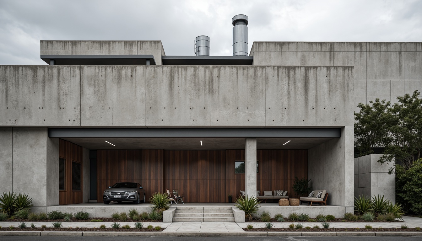 Prompt: Industrial concrete walls, metallic beams, exposed ductwork, polished steel columns, reclaimed wood accents, brutalist-inspired facades, rough-hewn stone foundations, minimalist material palette, monochromatic color scheme, raw unfinished textures, functional simplicity, industrial-chic aesthetic, urban landscape views, overcast skies, dramatic shadowing, high-contrast lighting, 1/2 composition, wide-angle lens, atmospheric perspective.