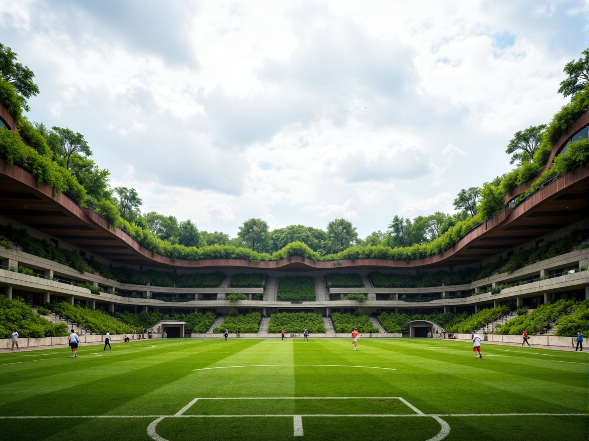 Prompt: Curved lines, wavy roof, lush green walls, living facade, soccer stadium, organic architecture, natural stone cladding, wooden accents, undulating seating areas, vibrant turf, goalposts, stadiums lights, cloudy sky, soft diffused lighting, shallow depth of field, 2/3 composition, panoramic view, realistic textures, ambient occlusion.