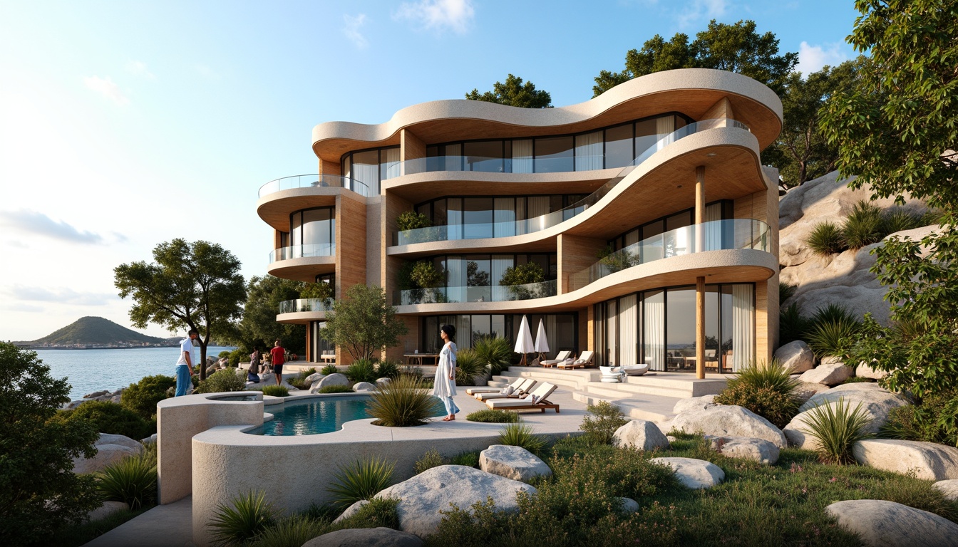 Prompt: Eco-friendly coastal villa, curved lines, weathered wood accents, ocean-inspired color palette, recycled glass railings, solar panels, wind turbines, rainwater harvesting systems, green roofs, living walls, organic shapes, natural ventilation, large windows, sliding glass doors, beachy atmosphere, soft warm lighting, shallow depth of field, 1/2 composition, panoramic view, realistic textures, ambient occlusion.