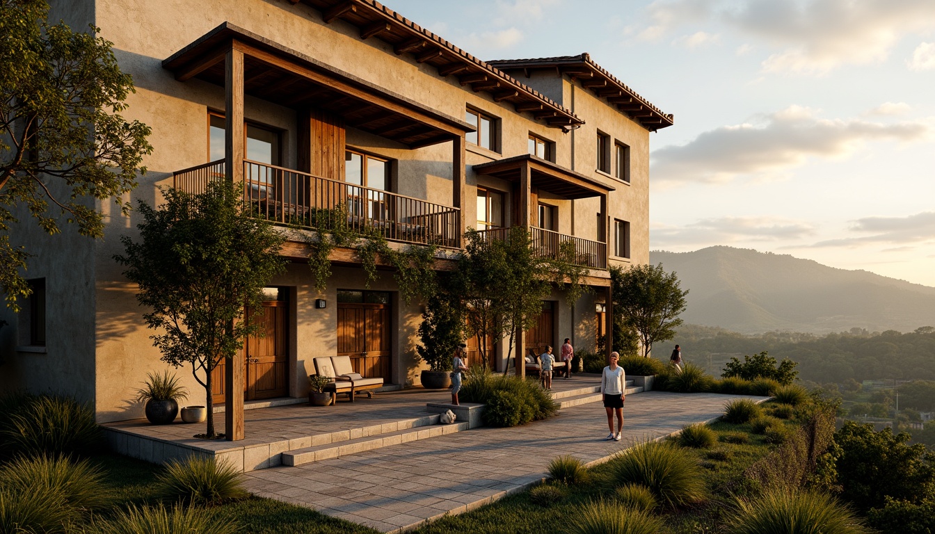 Prompt: Rustic hotel facade, earthy tones, natural stone walls, wooden accents, terracotta roofs, ornate balconies, vintage windows, distressed wood doors, lush greenery, cascading vines, warm golden lighting, shallow depth of field, 1/1 composition, soft focus, realistic textures, ambient occlusion, rural landscape, rolling hills, serene countryside, misty morning, warm afternoon sunlight.