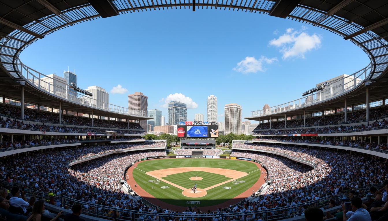 Prompt: Stadium seating, grandstand architecture, tiered levels, vibrant crowd atmosphere, dynamic lighting systems, LED scoreboard displays, giant video screens, sleek metal railings, polished concrete floors, urban cityscape backdrop, clear blue sky, sunny day, dramatic shading, realistic textures, ambient occlusion, shallow depth of field, 3/4 composition, panoramic view.