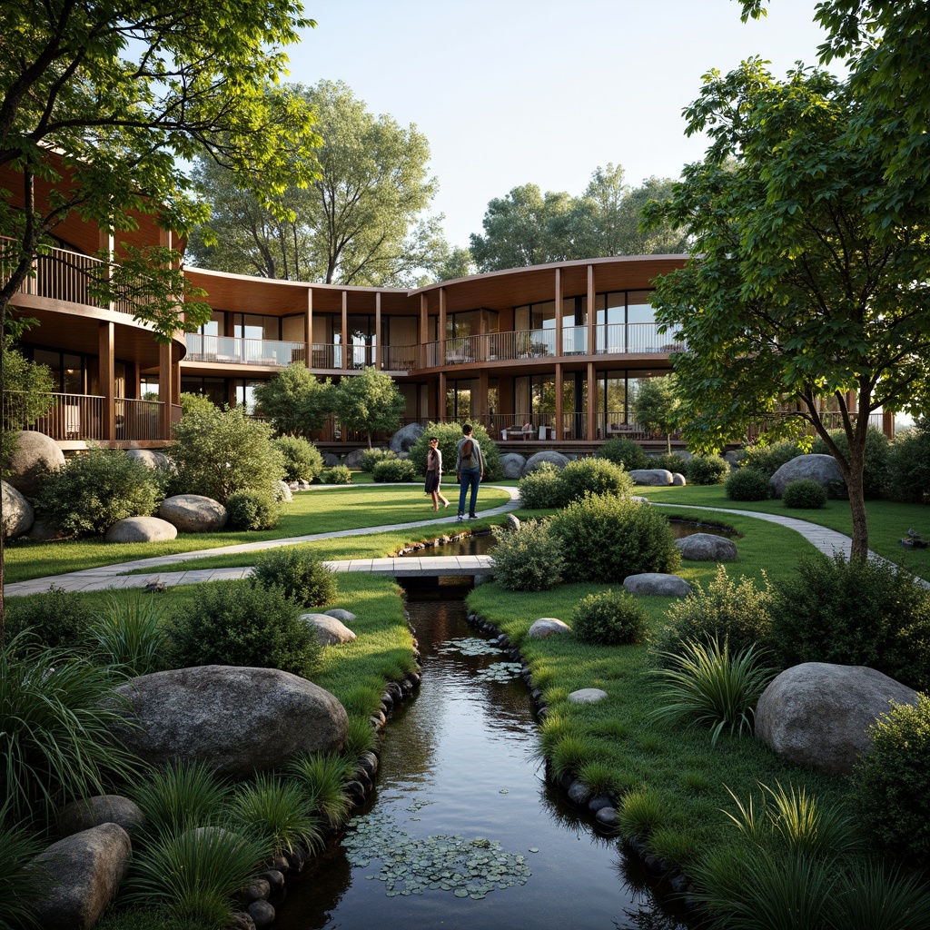 Prompt: Harmonious landscape integration, lush greenery, winding water features, natural stone walls, wooden bridges, rustic pathways, modern minimalist architecture, curved lines, cantilevered structures, large glass windows, sliding doors, open-air courtyards, vibrant flora, ambient lighting, soft shadows, 1/2 composition, atmospheric perspective, realistic textures, subtle depth of field.