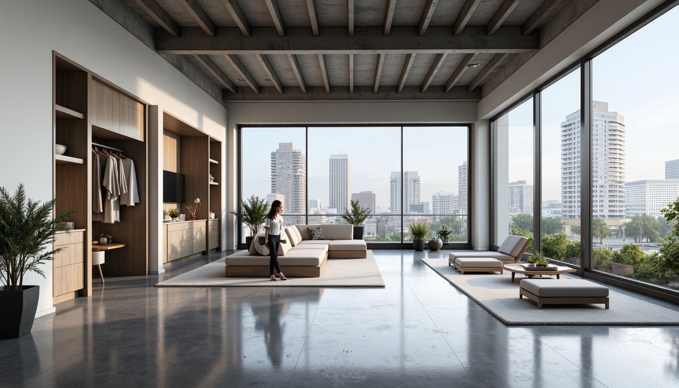 Prompt: Minimalist interior, open-plan living space, functional spatial layout, rectangular shapes, clean lines, monochromatic color scheme, natural light, floor-to-ceiling windows, sliding glass doors, polished concrete floors, industrial-chic metal beams, low-profile furniture, sleek kitchen appliances, compact bathrooms, storage-oriented closets, urban cityscape views, modern skyscrapers, bustling streets, cosmopolitan atmosphere, soft box lighting, 1/1 composition, realistic reflections, ambient occlusion.