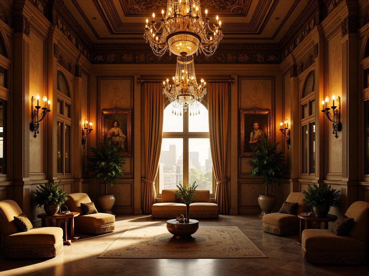 Prompt: Grand chandelier, ornate candelabras, warm golden lighting, soft diffused glow, crystal droplets, intricate metalwork, Renaissance-inspired decor, opulent furnishings, lavish textiles, rich wood tones, marble floors, high ceilings, ornate moldings, classical columns, symmetrical composition, subtle shading, realistic reflections, 1/1 ratio, shallow depth of field, warm color palette, soft focus, atmospheric lighting.