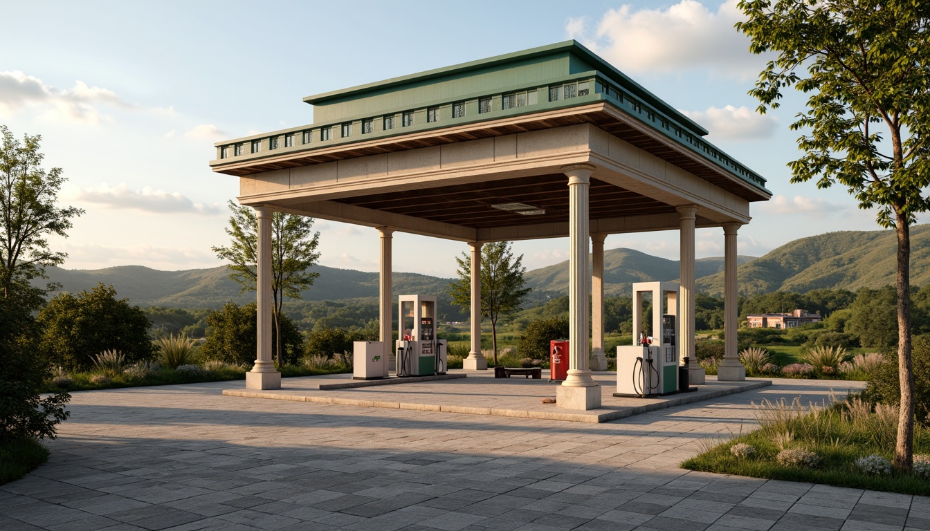 Prompt: Rustic gas station, neoclassical architecture, symmetrical facade, grand entrance, ornate details, classical columns, carved stone walls, green roof, lush vegetation, natural stone pavement, scenic overlook, rolling hills, countryside landscape, sunny day, soft warm lighting, shallow depth of field, 3/4 composition, panoramic view, realistic textures, ambient occlusion.