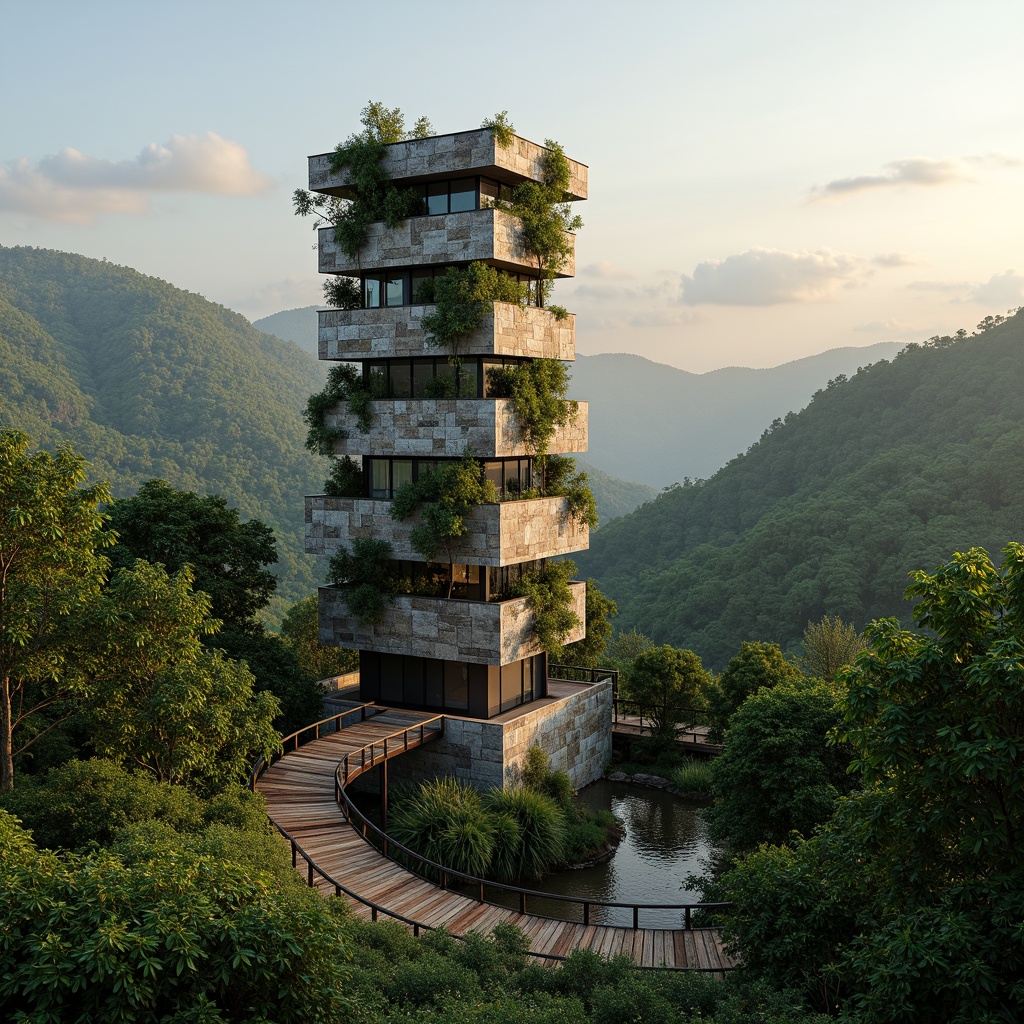 Prompt: Watchtower with natural stone foundation, lush greenery surroundings, winding wooden stairs, panoramic views, scenic lookout points, rustic metal railings, earthy color palette, organic textures, ambient occlusion, soft warm lighting, misty morning atmosphere, rolling hills landscape, serene forest surroundings, meandering streams, wildlife observation areas, birdwatching stations, nature-inspired architectural details, sustainable building materials, eco-friendly design elements.