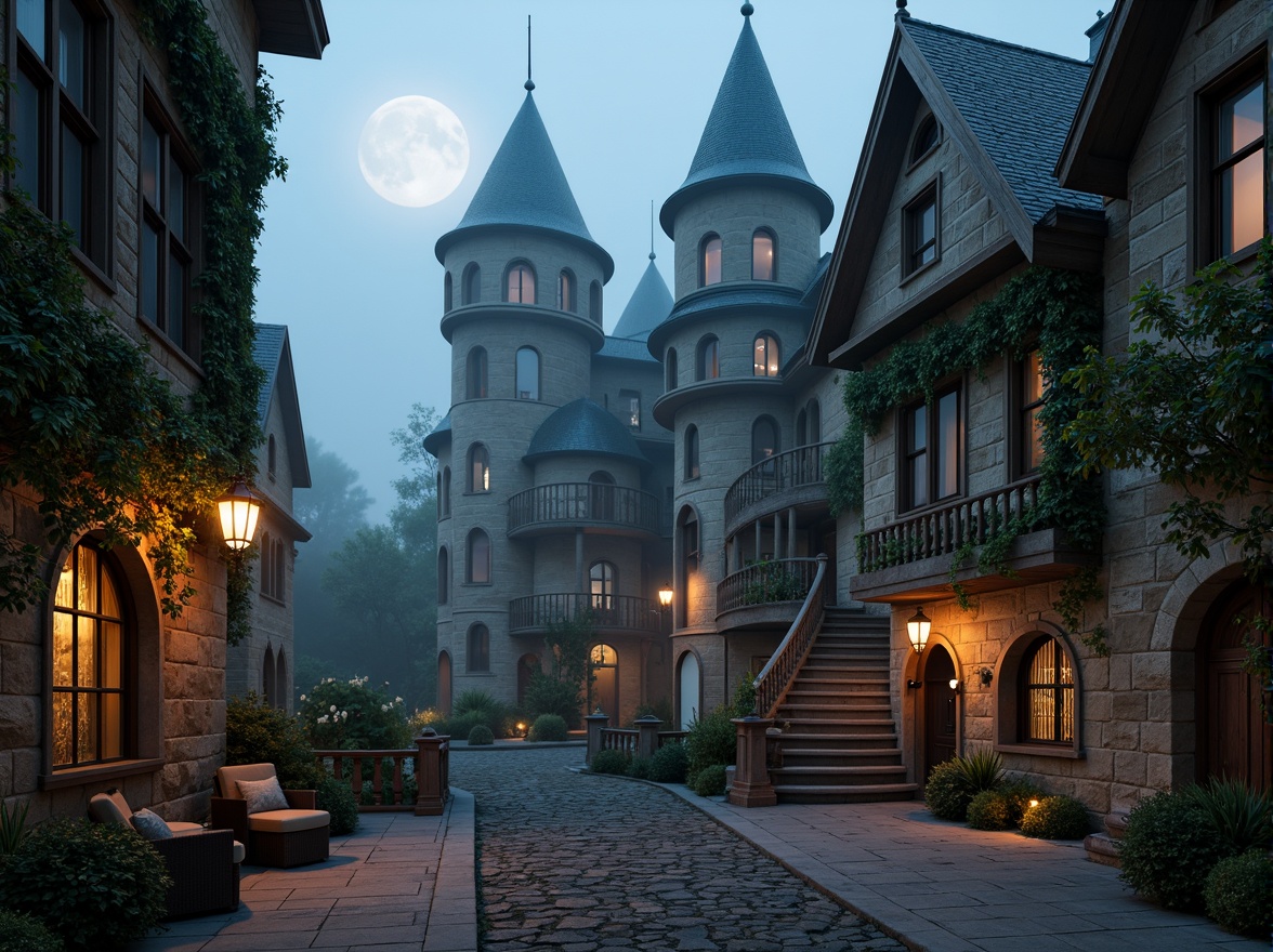 Prompt: Majestic towers, whimsical turrets, ornate Gothic details, mystical lanterns, winding staircases, mysterious alcoves, dreamy foggy atmosphere, soft warm moonlight, subtle mist effects, 1/1 composition, atmospheric perspective, rustic stone walls, lush ivy vines, romanticized medieval architecture, intricate wooden doors, stained glass windows, antique furniture, nostalgic color palette, dramatic chiaroscuro lighting, cinematic camera angles.