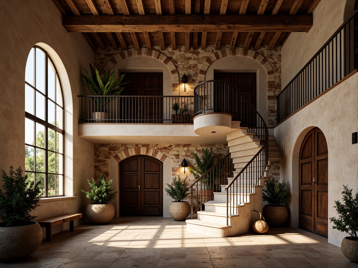 Prompt: Rustic loft building, Romanesque fa\u00e7ade, arched windows, rough-hewn stone walls, ornate carvings, grand entrance, heavy wooden doors, decorative ironwork, curved staircases, vaulted ceilings, earthy color palette, warm ambient lighting, soft natural textures, organic shapes, 1/2 composition, atmospheric perspective, realistic render.